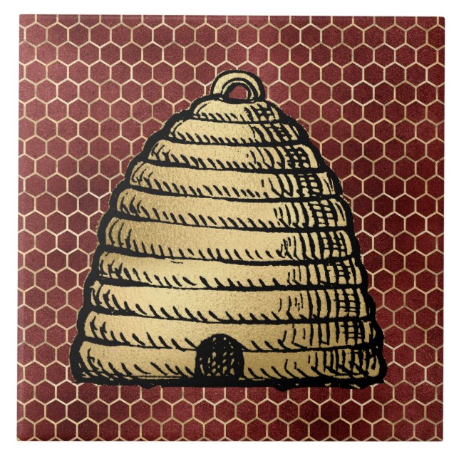 Bee Skep Hive Rustic Gold Honeycomb Red Ceramic Tile (Front)
