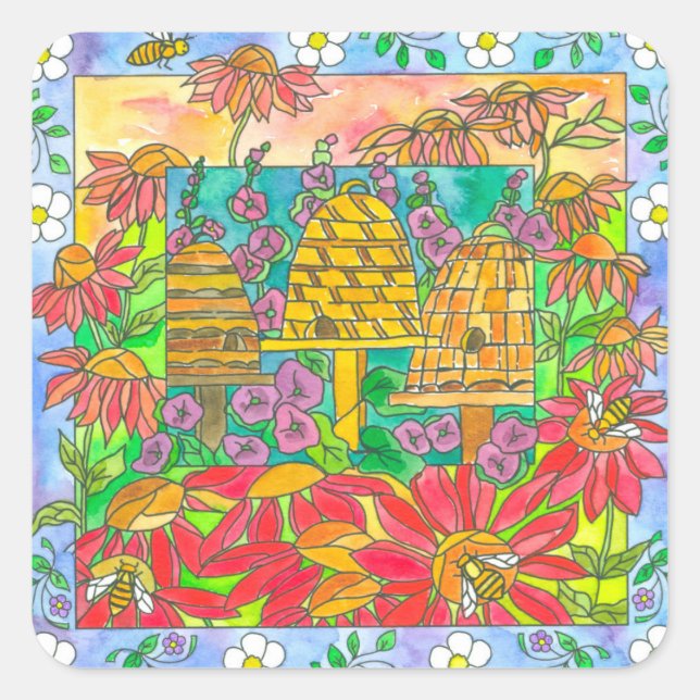 Bee Skep Red Garden Flowers Square Sticker (Front)