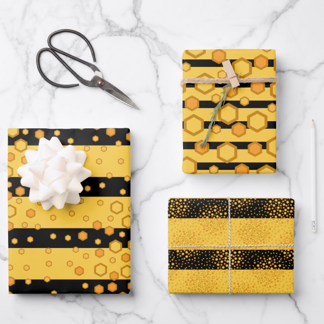 Bee Stripe Patterns Yellow and Black with Hexagons Wrapping Paper Sheets (Front)