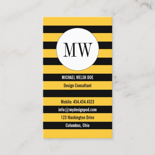 Bee Stripes Yellow and Black with Monogram Business Card