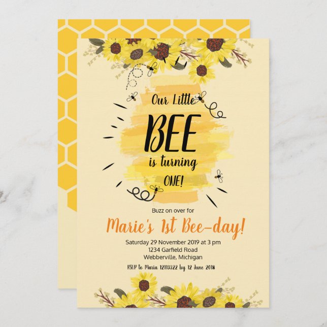 Bee Sunflower 1st Birthday Party Invitation (Front/Back)