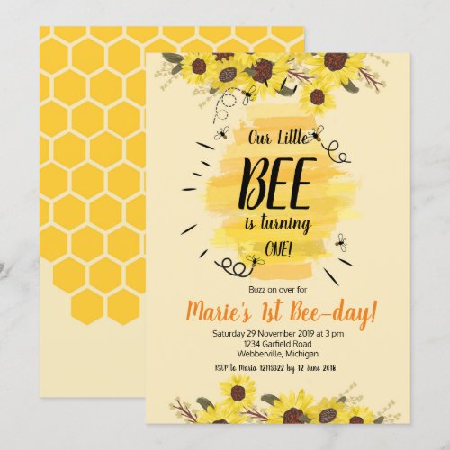 Bee Sunflower 1st Birthday Party Invitation
