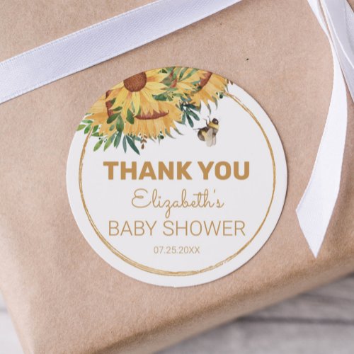 Bee Sunflower and Gold Baby Shower Thank You Classic Round Sticker