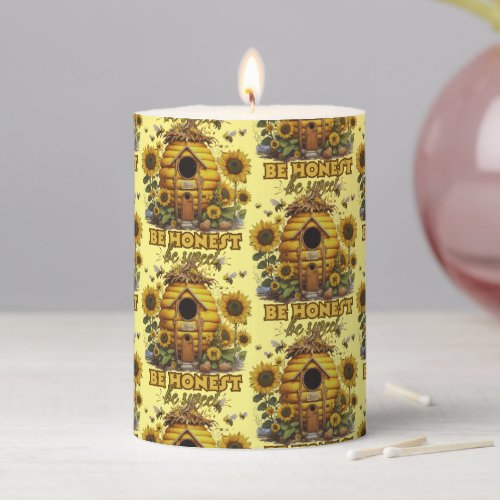 Bee Sunflower Art Be Honest Be Sweet Pattern Pillar Candle