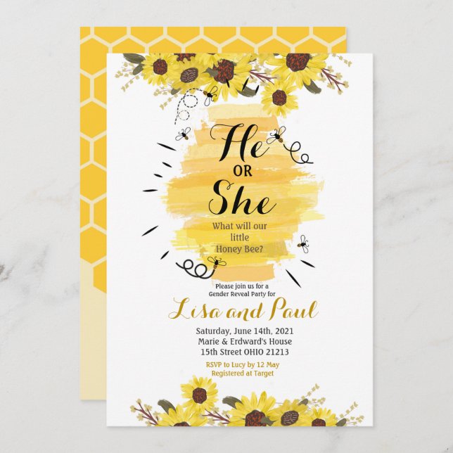 Bee Sunflower He or She Gender Reveal Invitation (Front/Back)