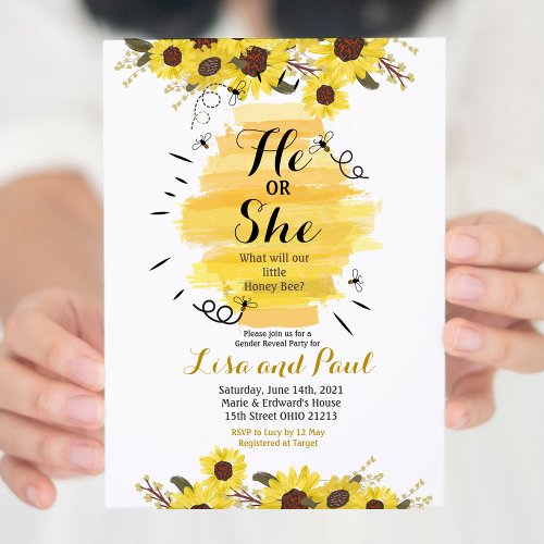 Bee Sunflower He or She Gender Reveal Invitation