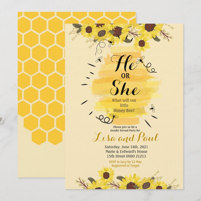 Bee Sunflower Yellow Gender Reveal Invitation (Front/Back)