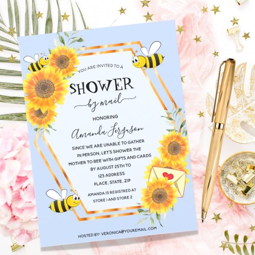 Bee sunflowers boy light blue baby shower by mail invitation