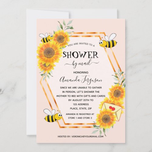 Bee sunflowers girl rose gold baby shower by mail invitation