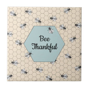 Bee Thankful Beehive Quote Turquoise Ceramic Tile