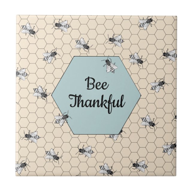 Bee Thankful Beehive Quote Turquoise Ceramic Tile (Front)