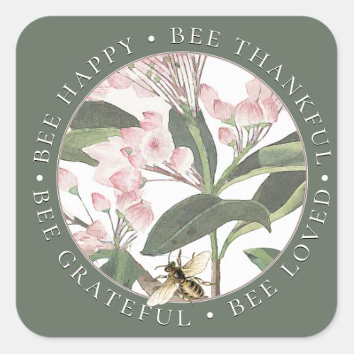 Bee Thankful Grateful Loved Flower Honey Green Square Sticker
