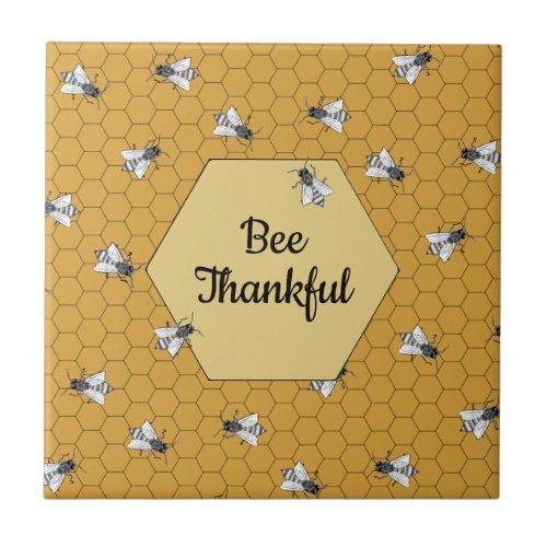 Bee Thankful Honey Bee Quotation Gold Ceramic Tile