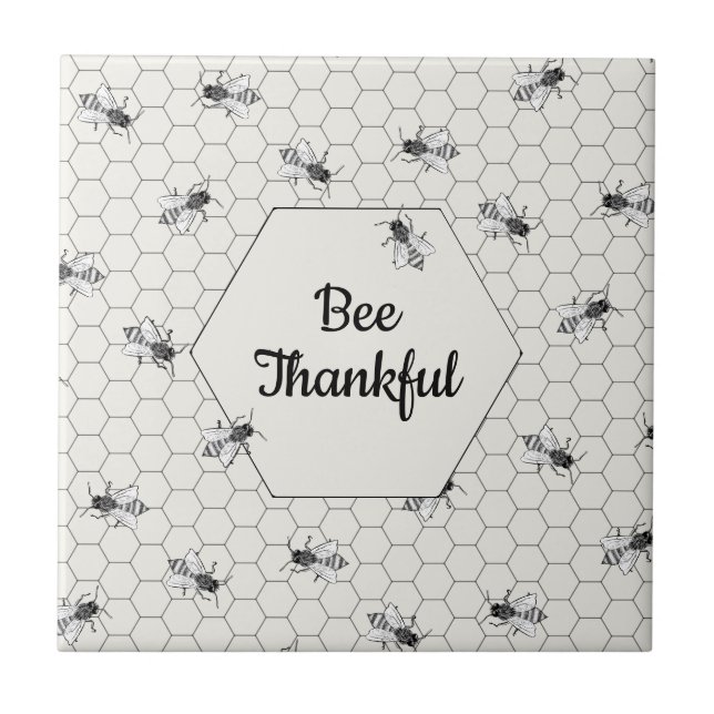 Bee Thankful Honey Bee Quote Ivory White Ceramic Tile (Front)