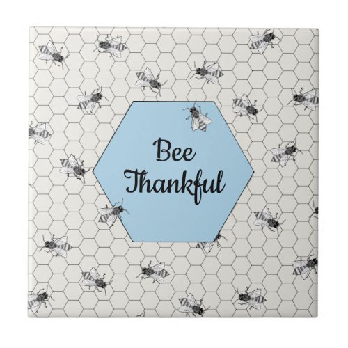 Bee Thankful Quote Cornflower Blue Ceramic Tile