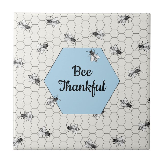Bee Thankful Quote Cornflower Blue Ceramic Tile (Front)