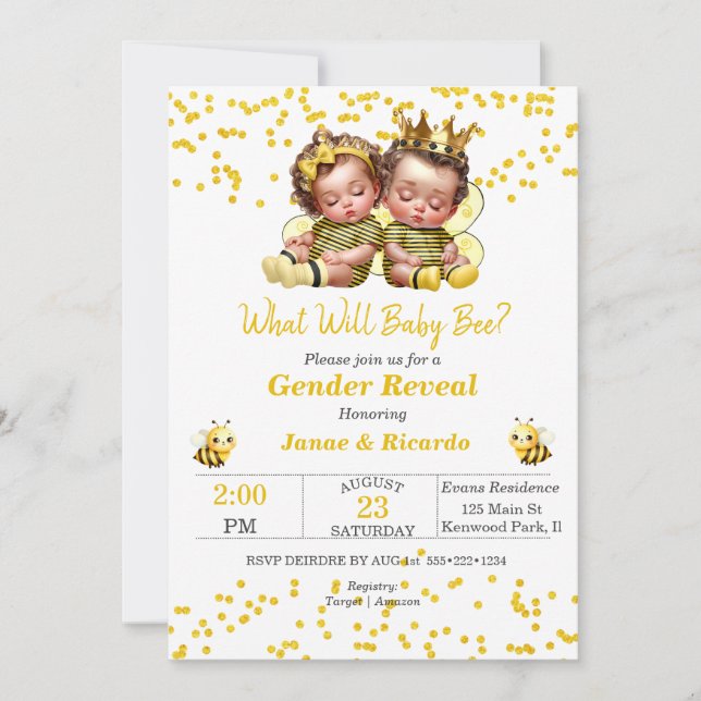 Bee Theme Baby Boy Girl Gender Reveal Yellow Black Invitation (Front)