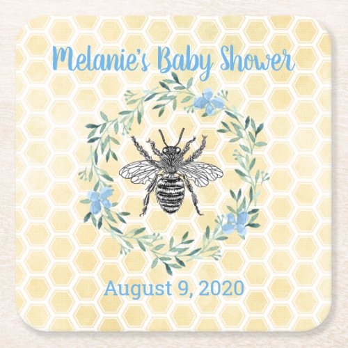 Bee theme baby shower boy honeycomb yellow blue square paper coaster