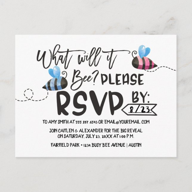 Bee Theme Gender Reveal Postcard Invitation (Front)
