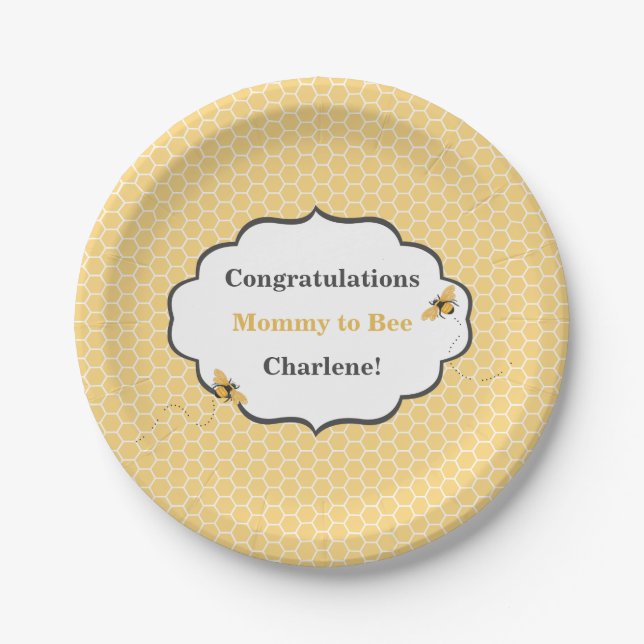 Bee Theme Honeycomb Gold & Gray Paper Plates (Front)