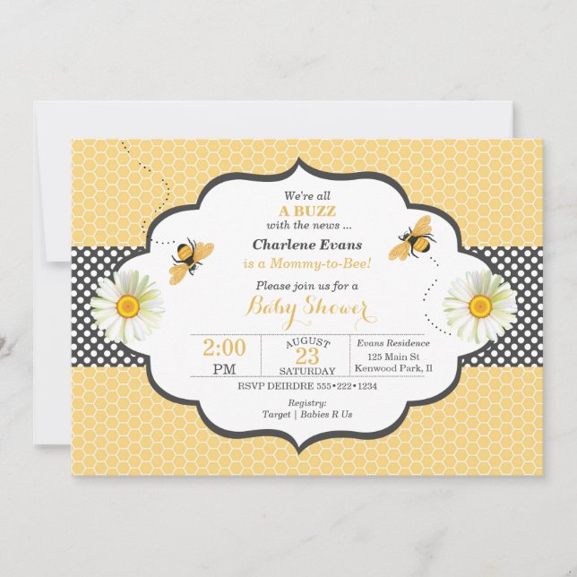 Bee Theme Honeycomb Gold & Gray Polka Dot Invitation (Front)
