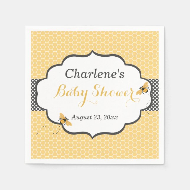 Bee Theme Honeycomb Gold & Gray Polka Dot Napkins (Front)