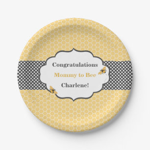 Bee Theme Honeycomb Gold & Gray Polka Dot Paper Plates