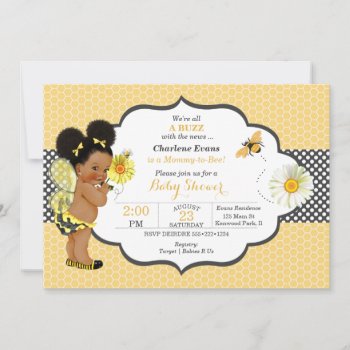 Bee Theme Yellow Gold Dot Baby Girl Puffs Invitation by nawnibelles at Zazzle