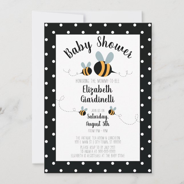 Bee themed Baby Shower Invitations - Polka Dots (Front)