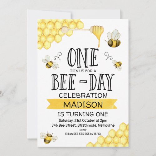 Bee Themed Bee_Day First Birthday Invitation