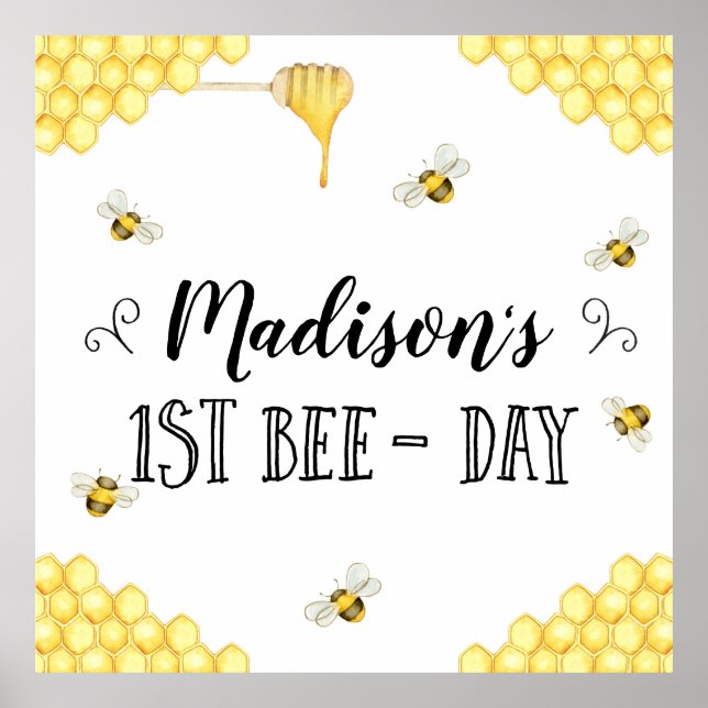 Bee Themed First Bee-Day Birthday Party Poster (Front)