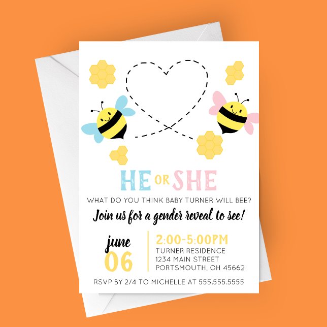 Bee Themed Gender Reveal Party Invitation (He or She What Will Baby Bee? Bee Themed Summer Gender Reveal Party Invitation)
