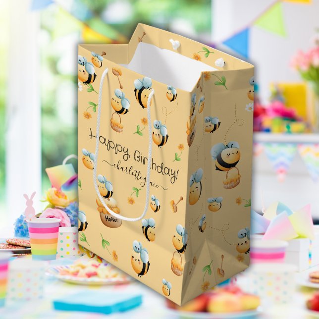 Bee-Themed Party Happy Birthday Custom Name Medium Gift Bag (Creator Uploaded)