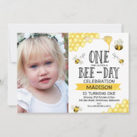 Bee Themed Photo Bee-Day First Birthday Invitation