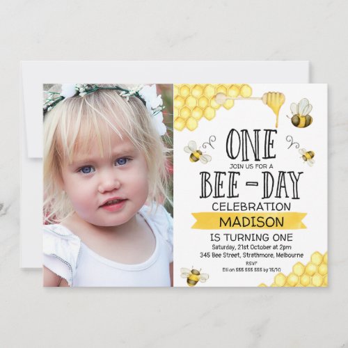 Bee Themed Photo Bee_Day First Birthday Invitation