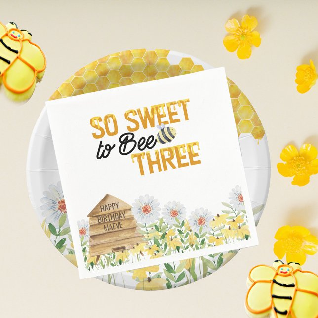 Bee Themed Sweet to Bee Three 3rd Birthday Party Napkins (So Sweet to Bee Three is the perfect bee pun for a 3rd birthday. Napkins with personalized beehive)