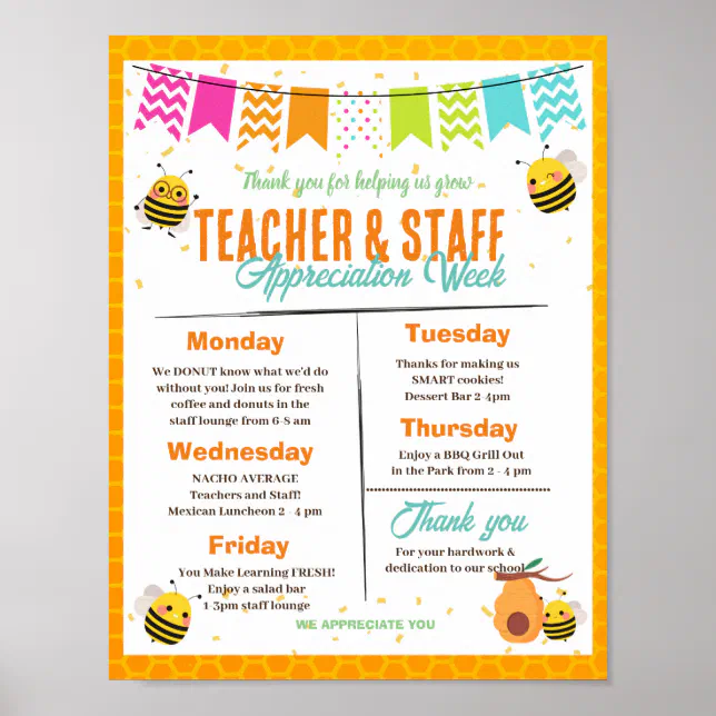 Bee themed Teacher Appreciation Week template Poster Zazzle