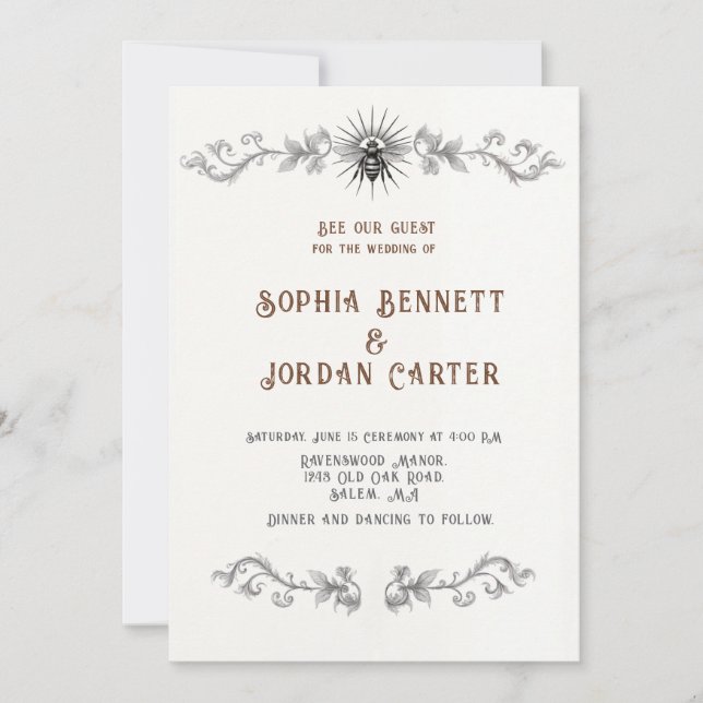 Bee-Themed Vintage Wedding Invitation Sun & Hone (Front)