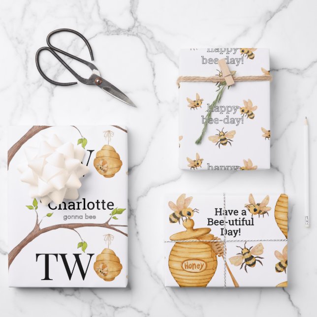 Bee Turning Two Birthday Gift Wrapping Paper Sheets (Front)
