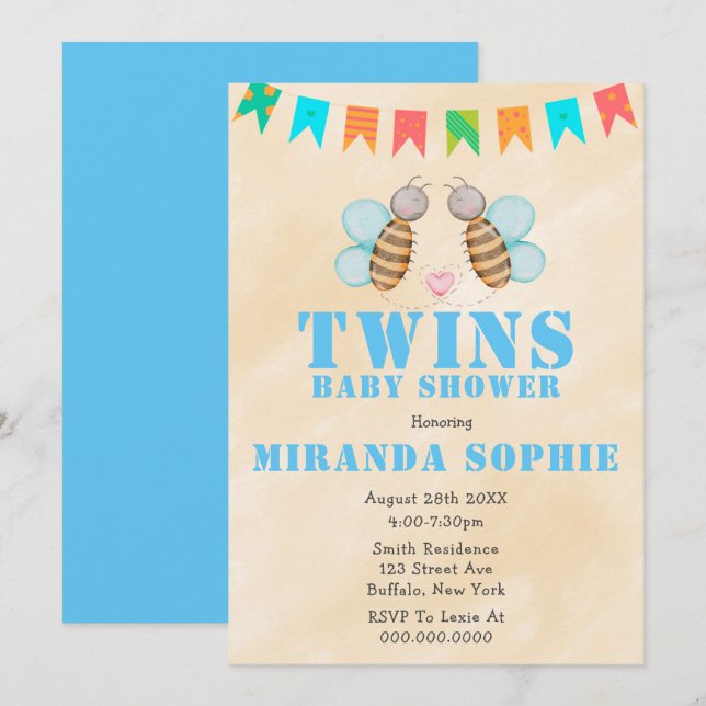 Bee Twins Watercolor Baby Shower Invitations  (Front/Back)
