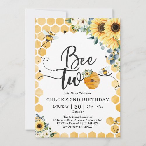 Bee Two Honey Bee 2nd Birthday Invitation
