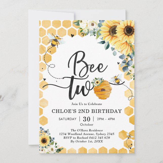 Bee Two Honey Bee 2nd Birthday Invitation (Front)