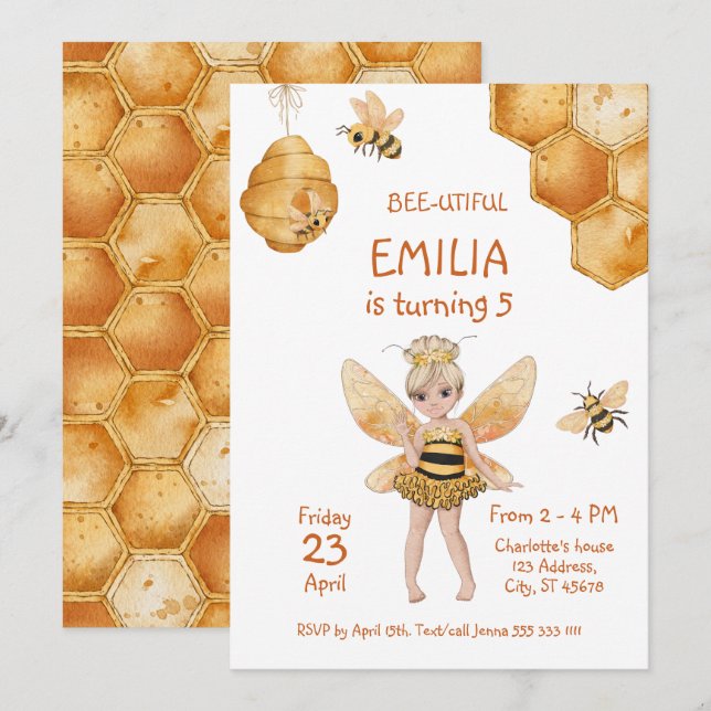 Bee-Utiful Girly Honey Bee 5th Birthday Party Invitation (Front/Back)