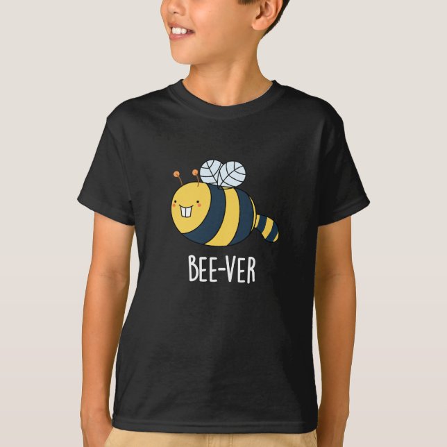 Bee-ver Funny Animal Beaver Bee Pun Dark BG T-Shirt (Front)