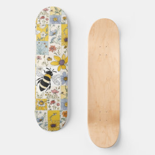 Bee Vintage Floral Patchwork Yellow and Blue Skateboard