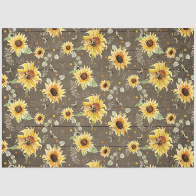 Bee w Sunflower Floral Rustic Dark Wood Decoupage Tissue Paper (Front)
