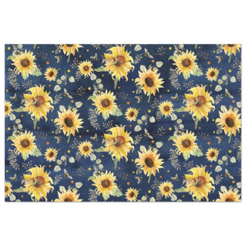 Bee w Sunflower Floral Rustic Navy Wood Decoupage Tissue Paper