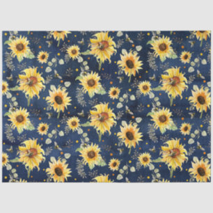 Bee w Sunflower Floral Rustic Navy Wood Decoupage Tissue Paper