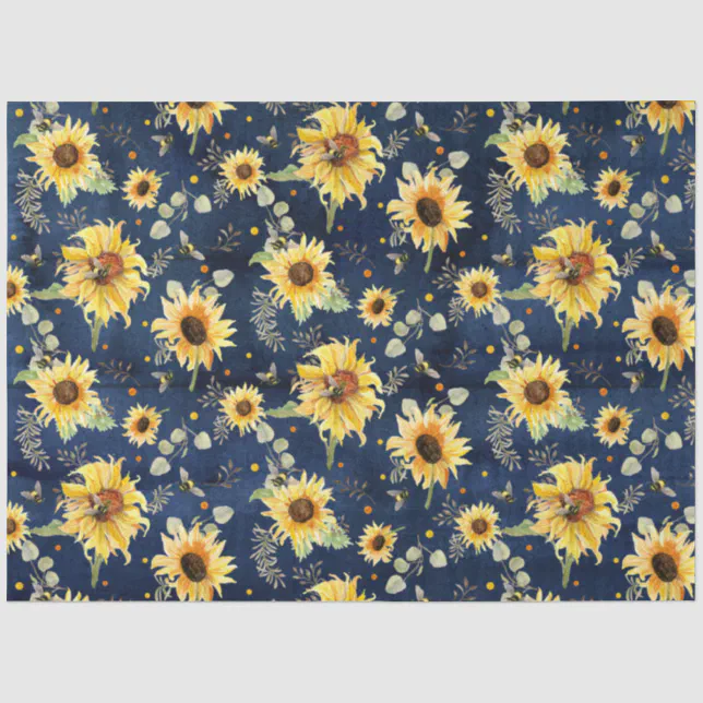 Bee w Sunflower Floral Rustic Navy Wood Decoupage Tissue Paper | Zazzle