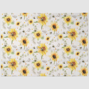 Bee w Sunflower Floral Watercolor Wood Decoupage Tissue Paper